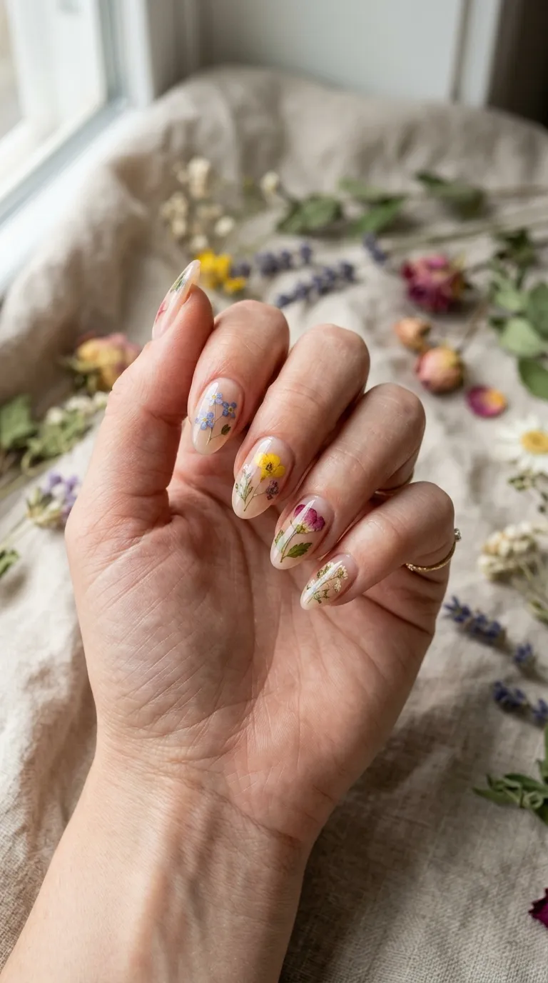 Cottagecore nails with real pressed flower nail art