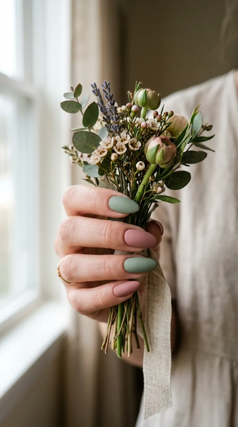 Cottagecore nails in a solid sage green dusty-rose shade