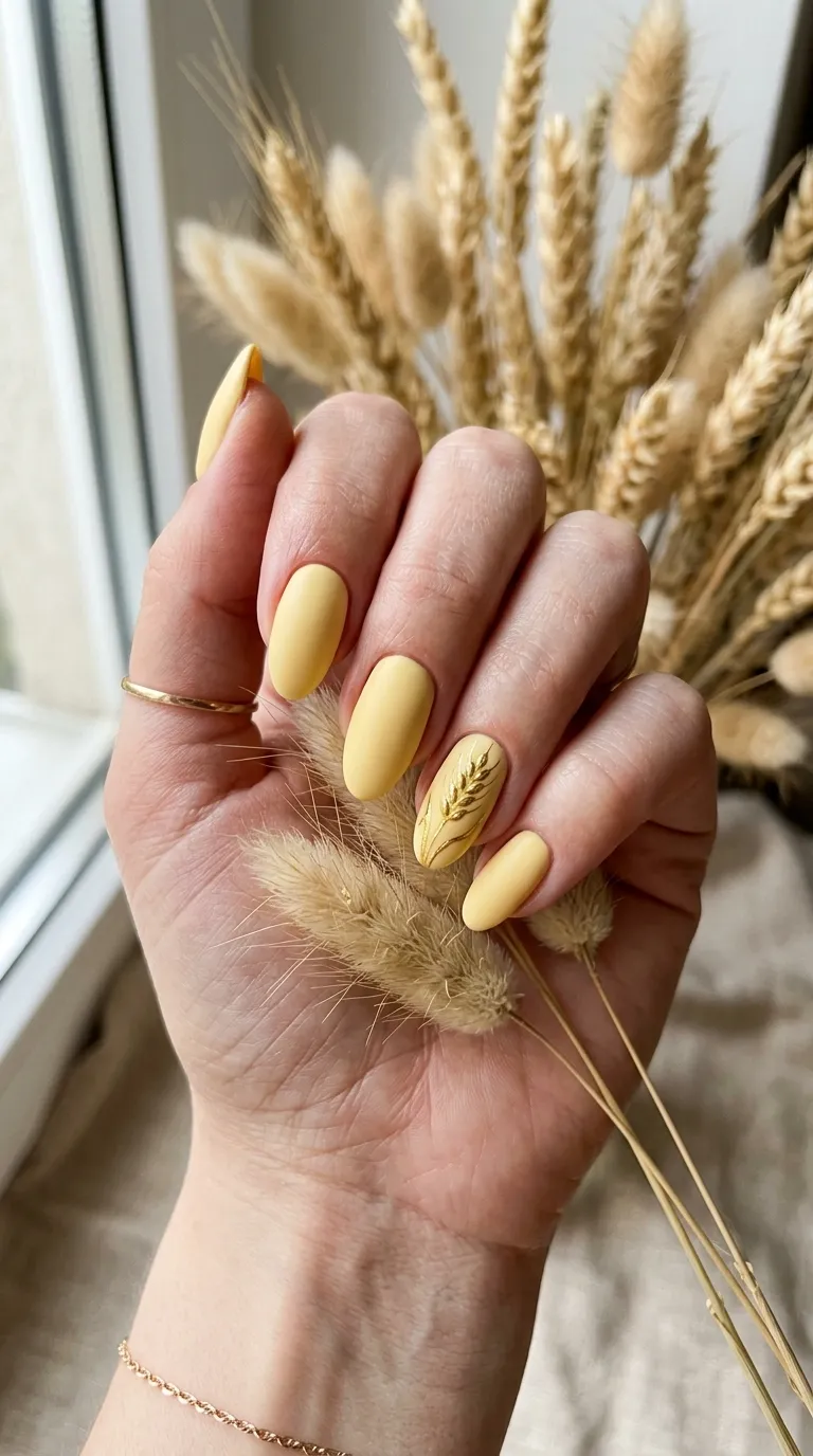 Cottagecore nails in butter yellow inspired by wheat and harvest