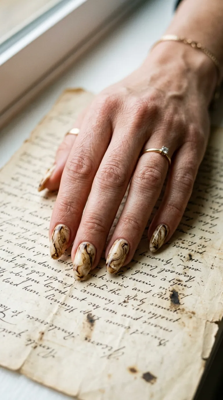 Dark academia nails with gold and ink marbled nail art on an old letter