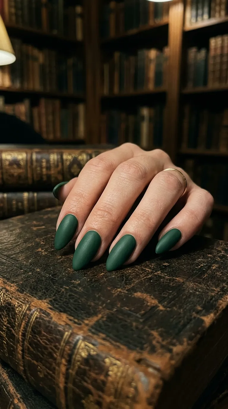 Dark academia nails in solid forest green with a library backdrop