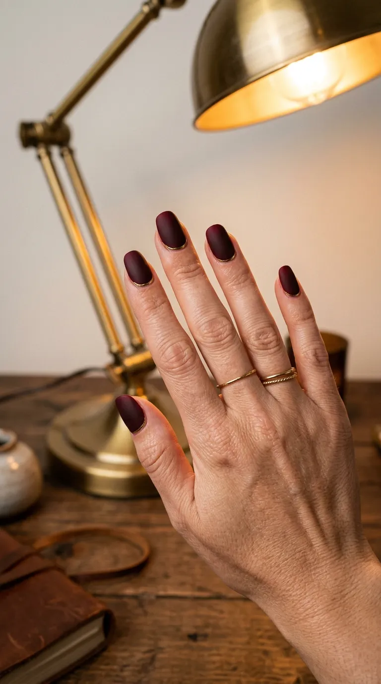 Dark academia nails in oxblood matte with gold brass-inspired accents