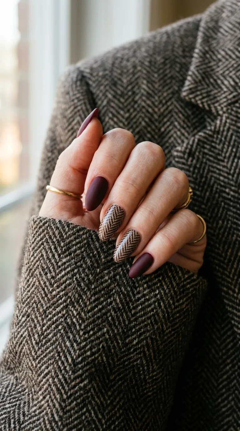 Dark academia nails with a herringbone accent nail on tweed