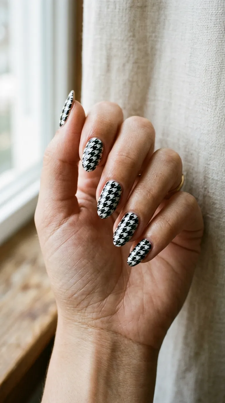Houndstooth nails over a glossy top coat for a polished finish