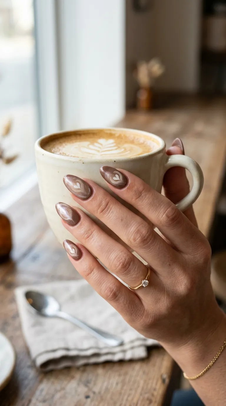 Mocha mousse nails with a pearlescent latte-foam effect overlay