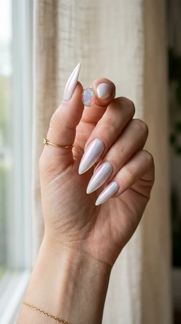 October birthstone nails with a pale iridescent aurora finish next to an opal stone