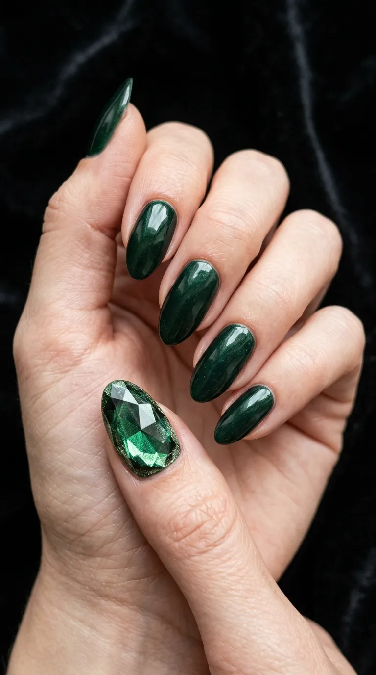 October birthstone nails in green tourmaline with a gemstone accent