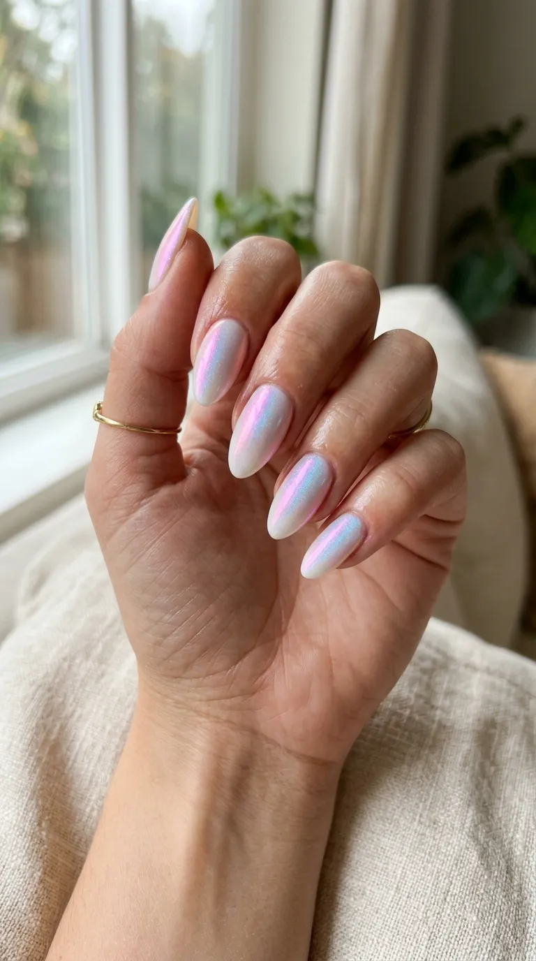 October birthstone nails with a holographic opal-inspired coat