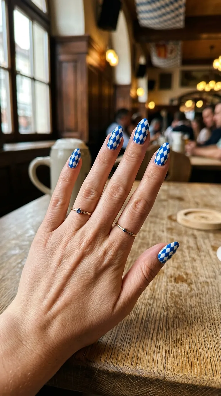 Oktoberfest nails with blue and white Bavarian diamond check pattern