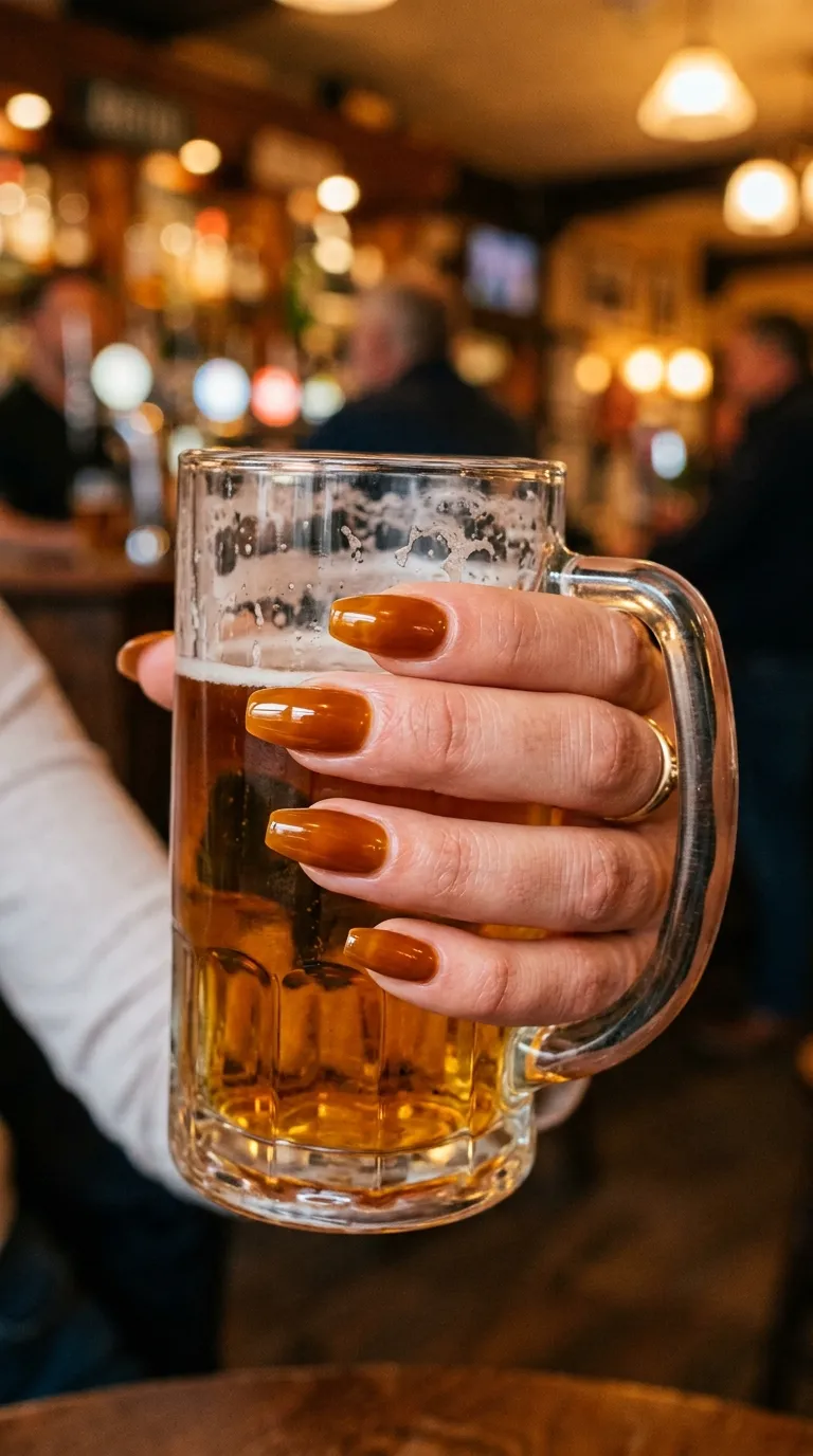 Oktoberfest nails in glossy amber holding a beer stein