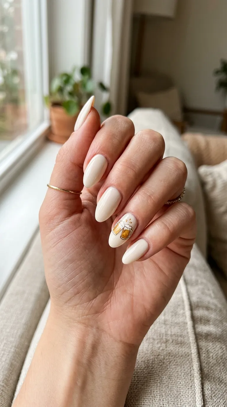 Oktoberfest nails in cream with a small gold accent nail