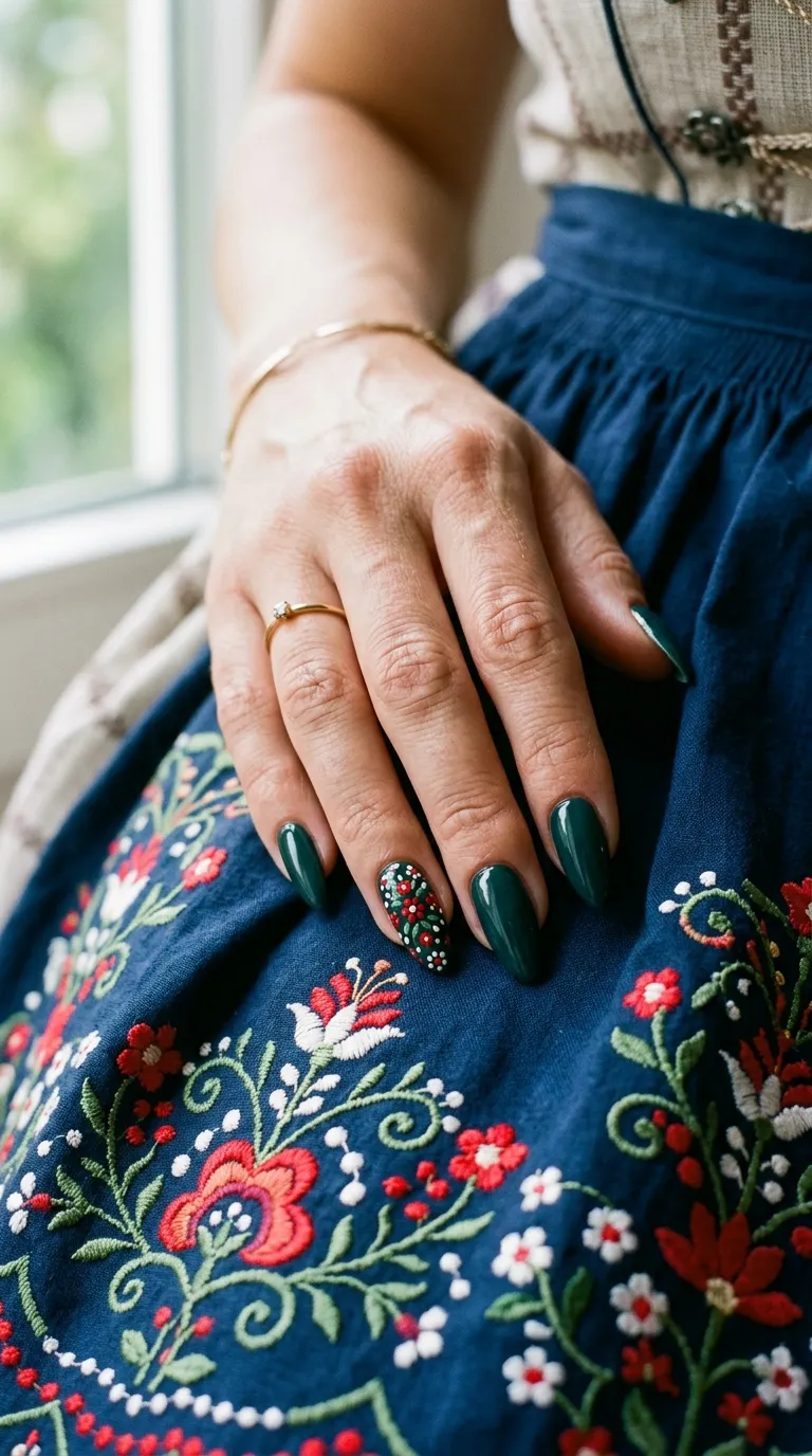 Oktoberfest nails inspired by dirndl folk embroidery patterns