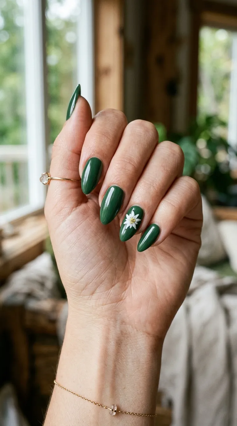 Oktoberfest nails in green with a painted edelweiss flower accent