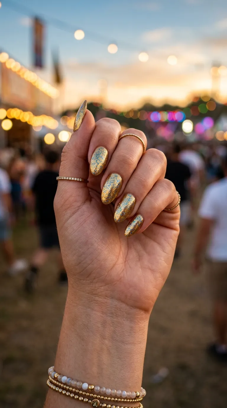 Oktoberfest nails in gold shimmer for an evening festival look