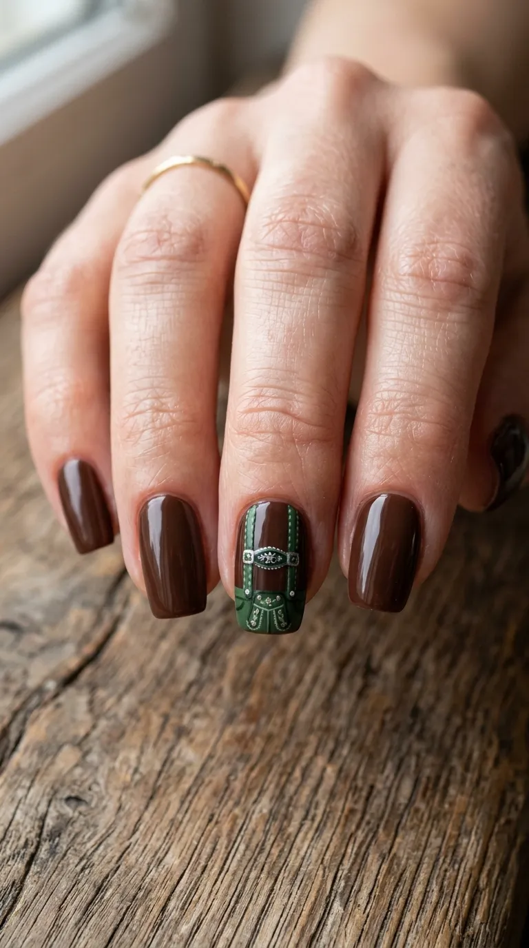 Oktoberfest nails in brown with a painted lederhosen strap accent