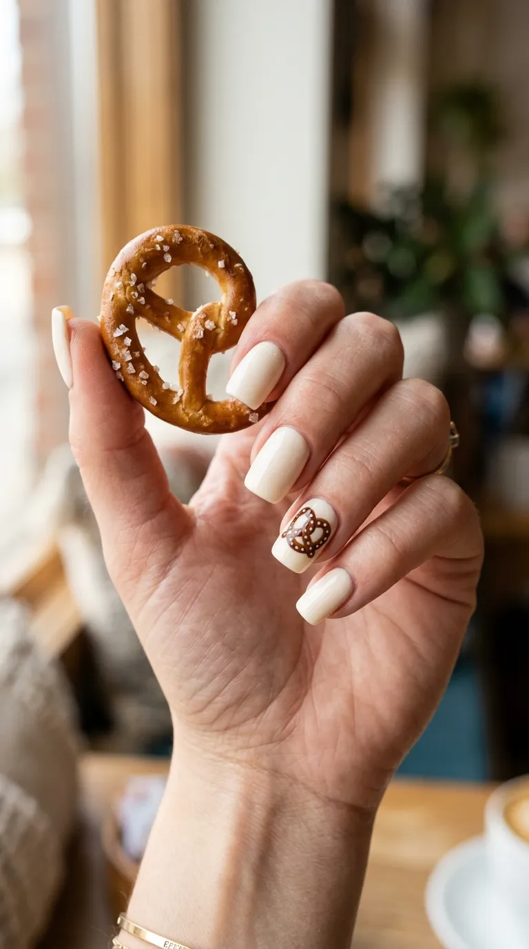 Oktoberfest nails with a hand-painted pretzel accent nail