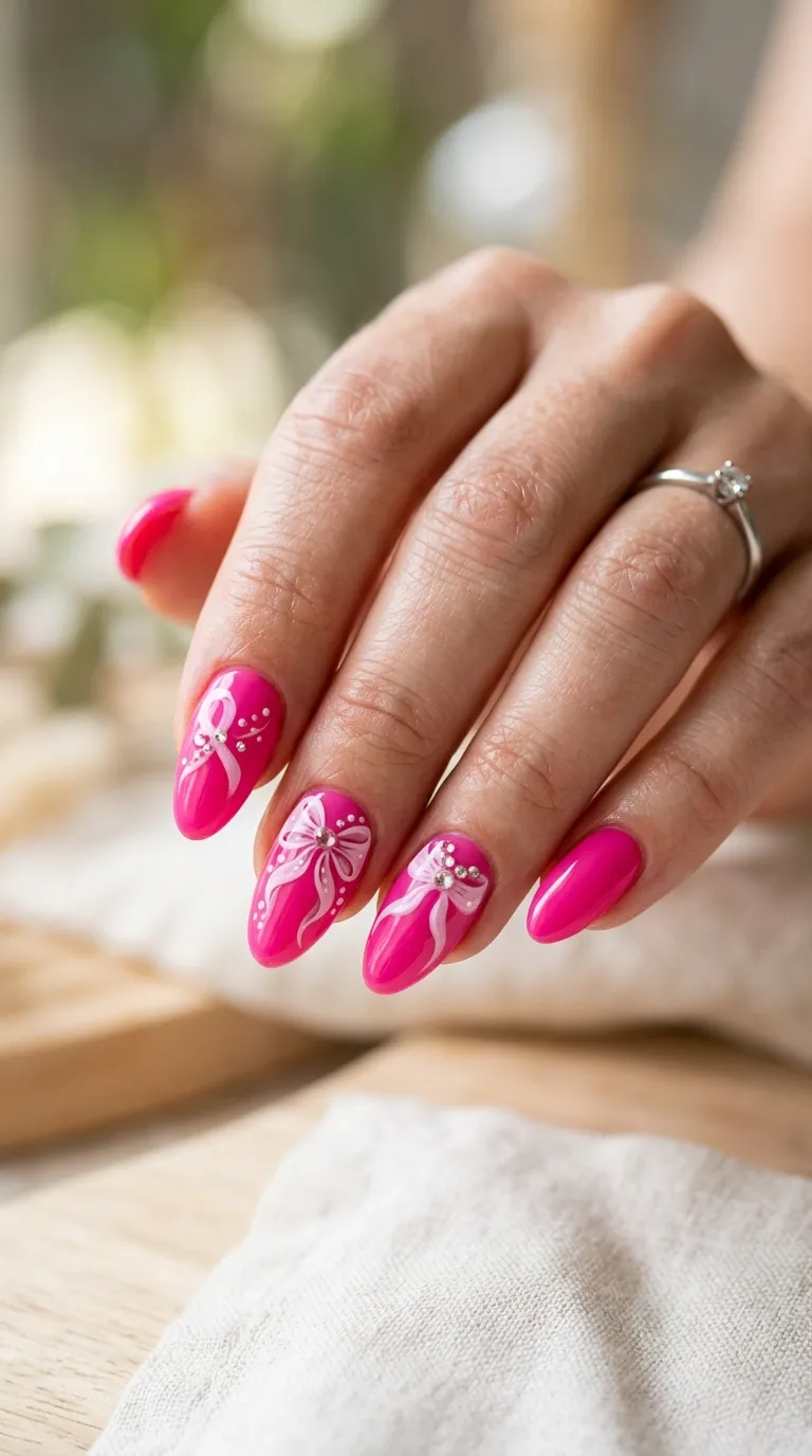 Pink ribbon nails with bold statement ribbon nail art