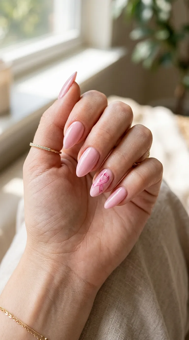 Pink ribbon nails with a classic breast cancer awareness ribbon accent