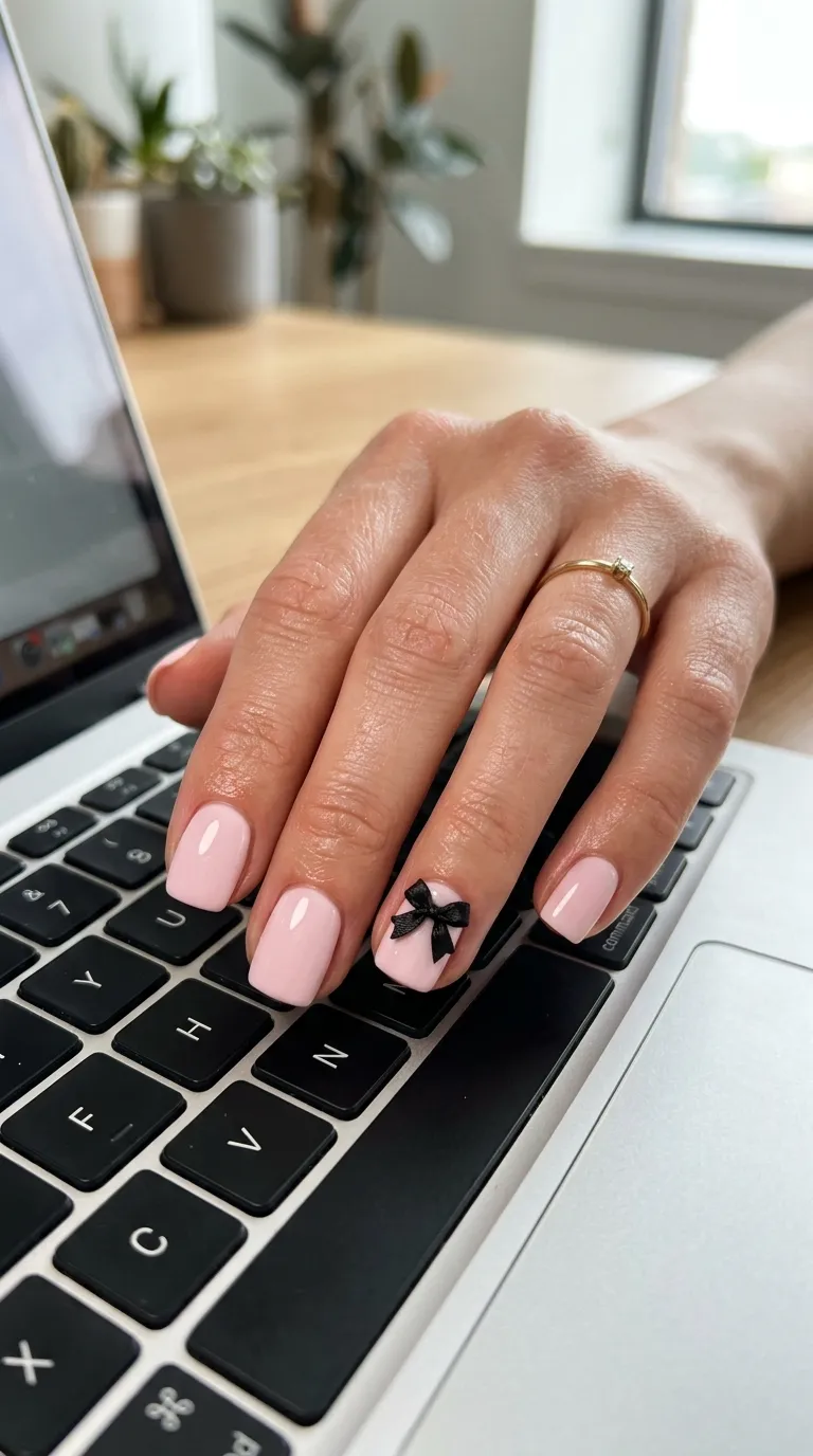 Pink ribbon nails in a workplace-friendly subtle design