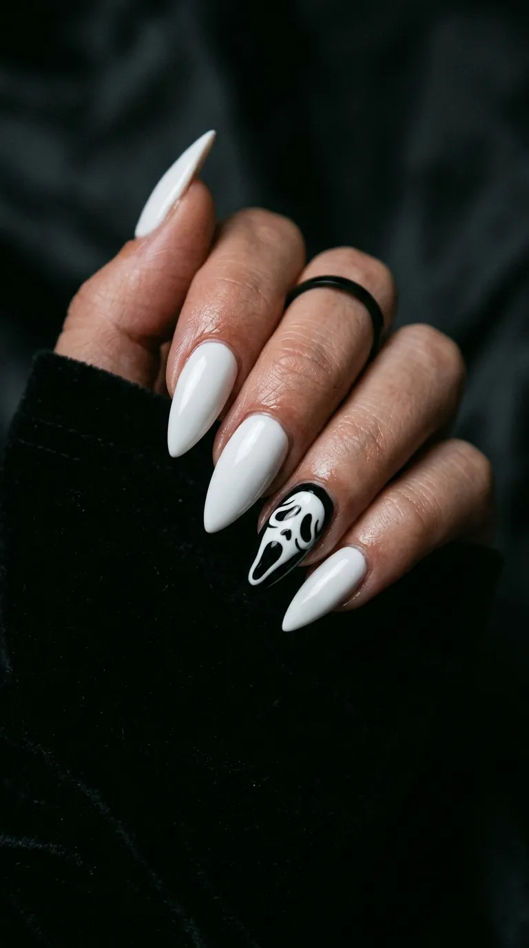 hero black and white ghost-face mask nail art