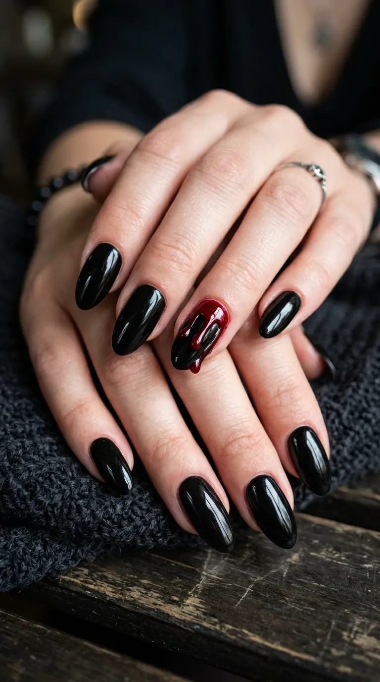 black scream mask nails with dripping red blood accent