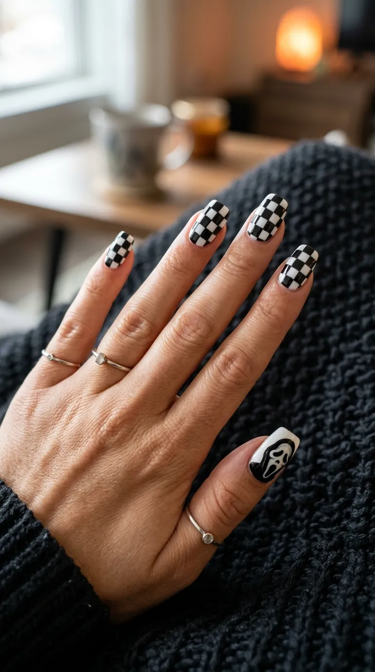 black and white checkerboard scream mask nails with ghost-face accent