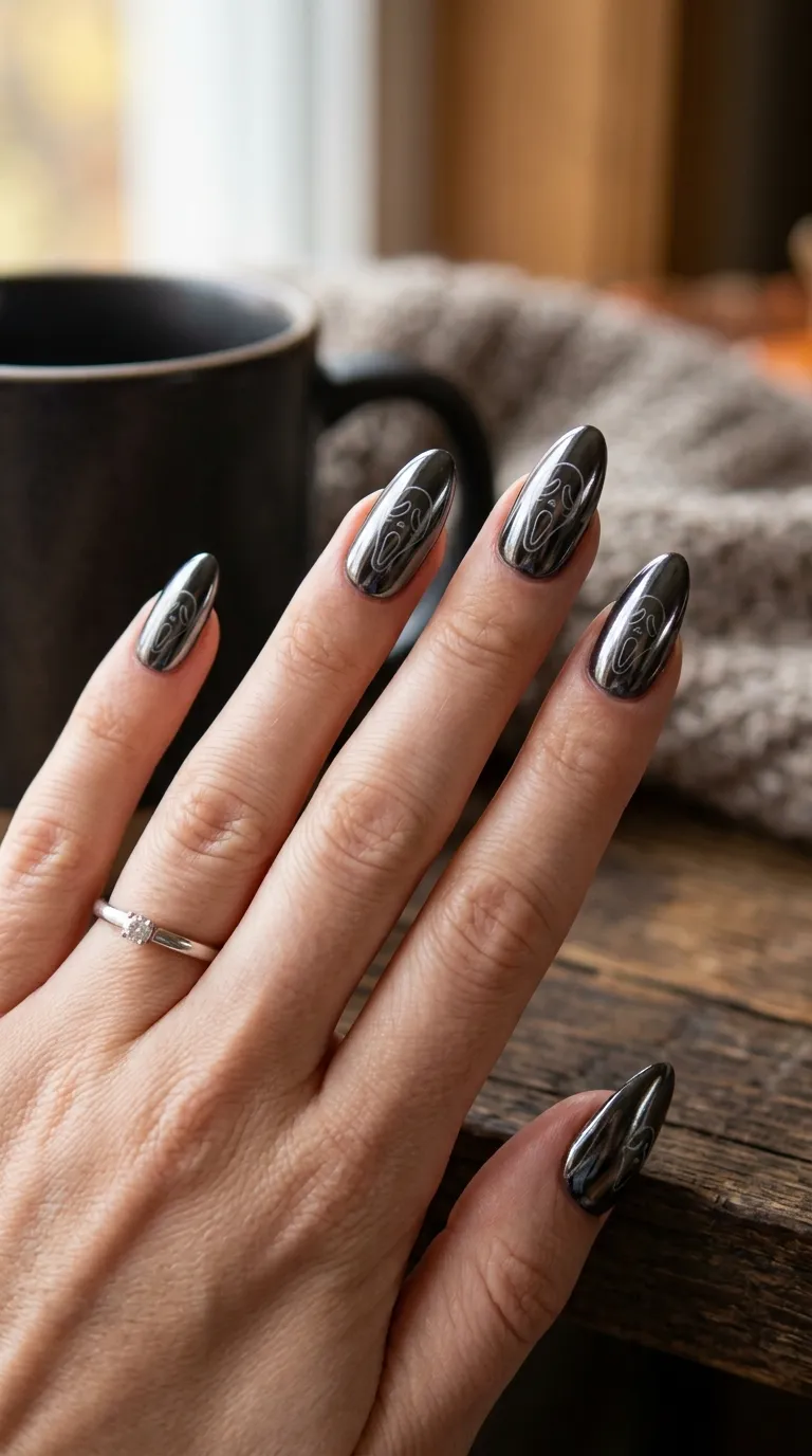 chrome black scream mask nails with subtle ghost-mask line art