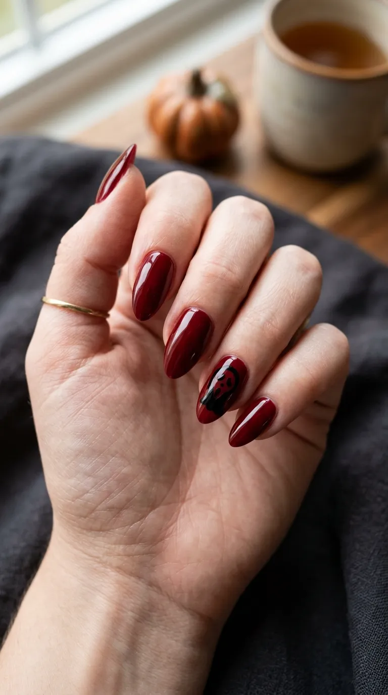 deep red scream mask nails with black ghost-face silhouette accent
