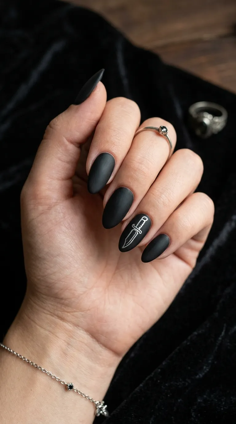 matte black scream mask nails with silver knife-outline accent
