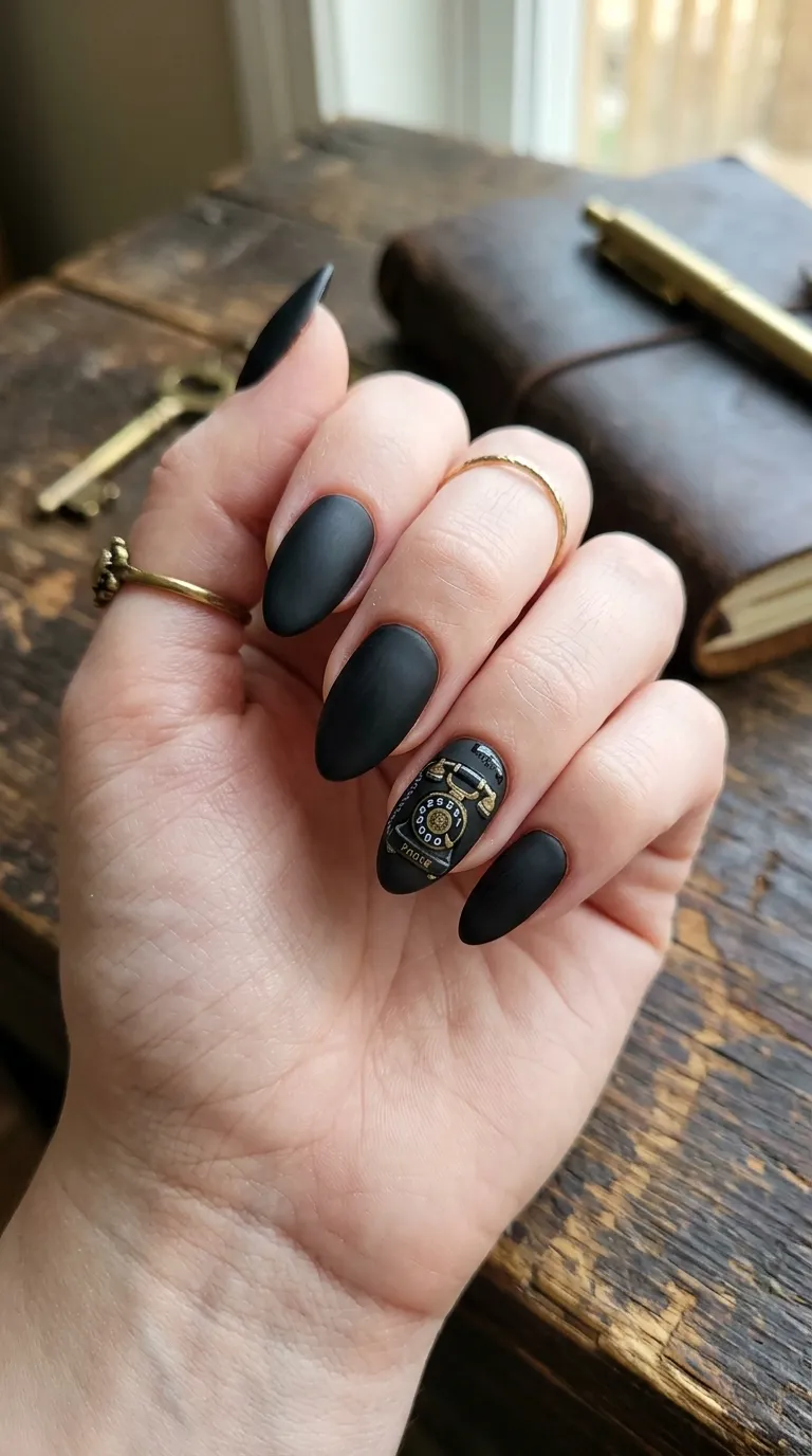 matte black scream mask nails with vintage rotary-phone accent