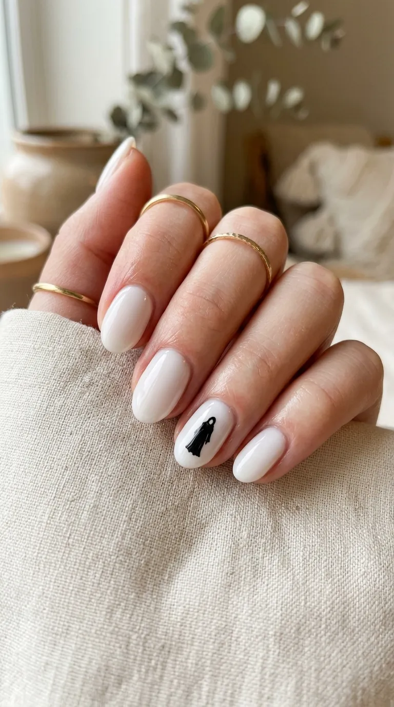 milky white scream mask nails with tiny black robed-figure silhouette