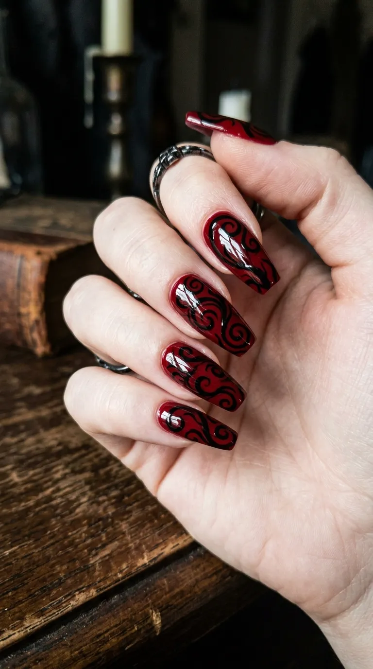classic red and black horror-movie swirl scream mask nails