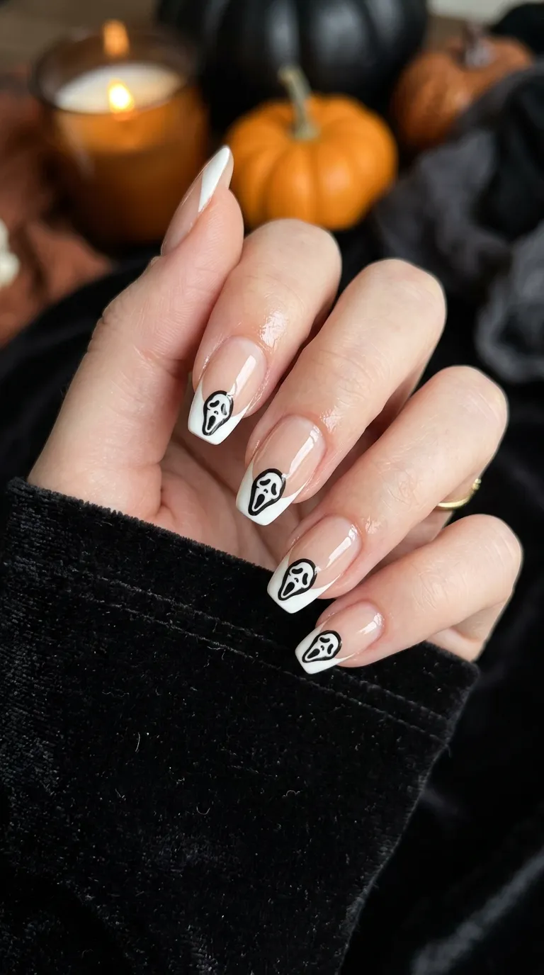 white French tip scream mask nails with ghost-face mask design