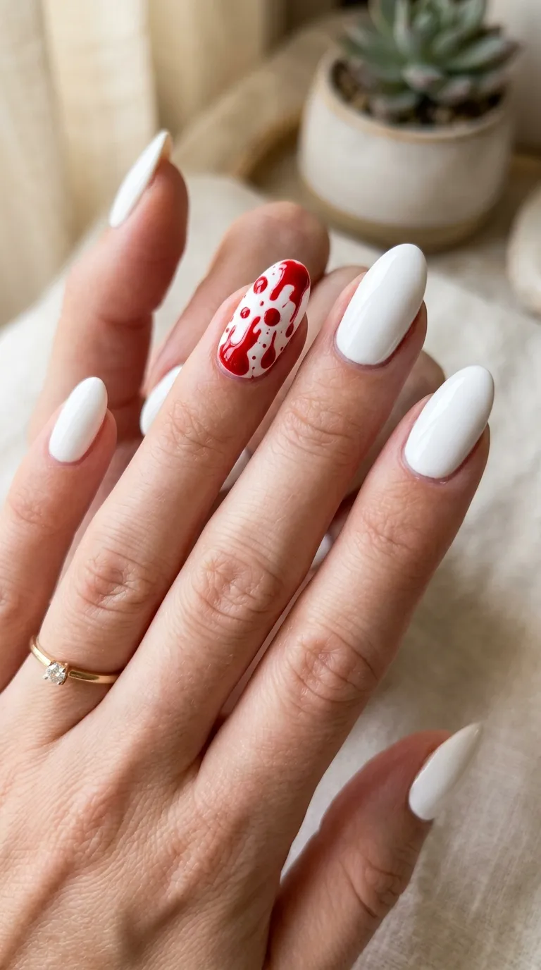 white scream mask nails with dripping red paint-splatter accent