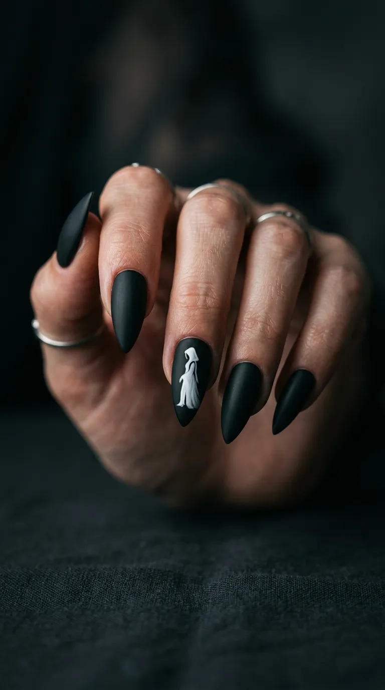 matte black nails with a simple robed-figure silhouette accent