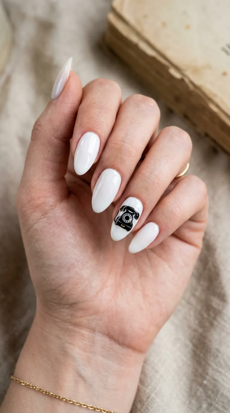 white nails with tiny black vintage-phone accent art