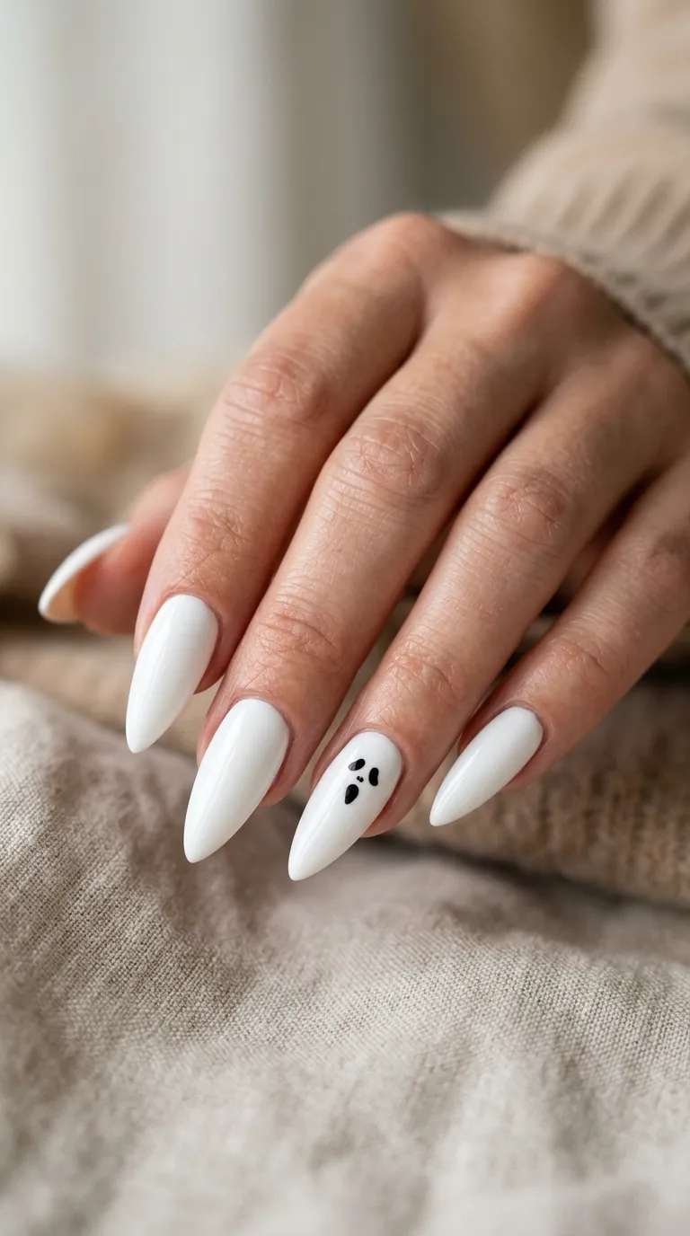 white nails with black ghost-face silhouette on one accent nail