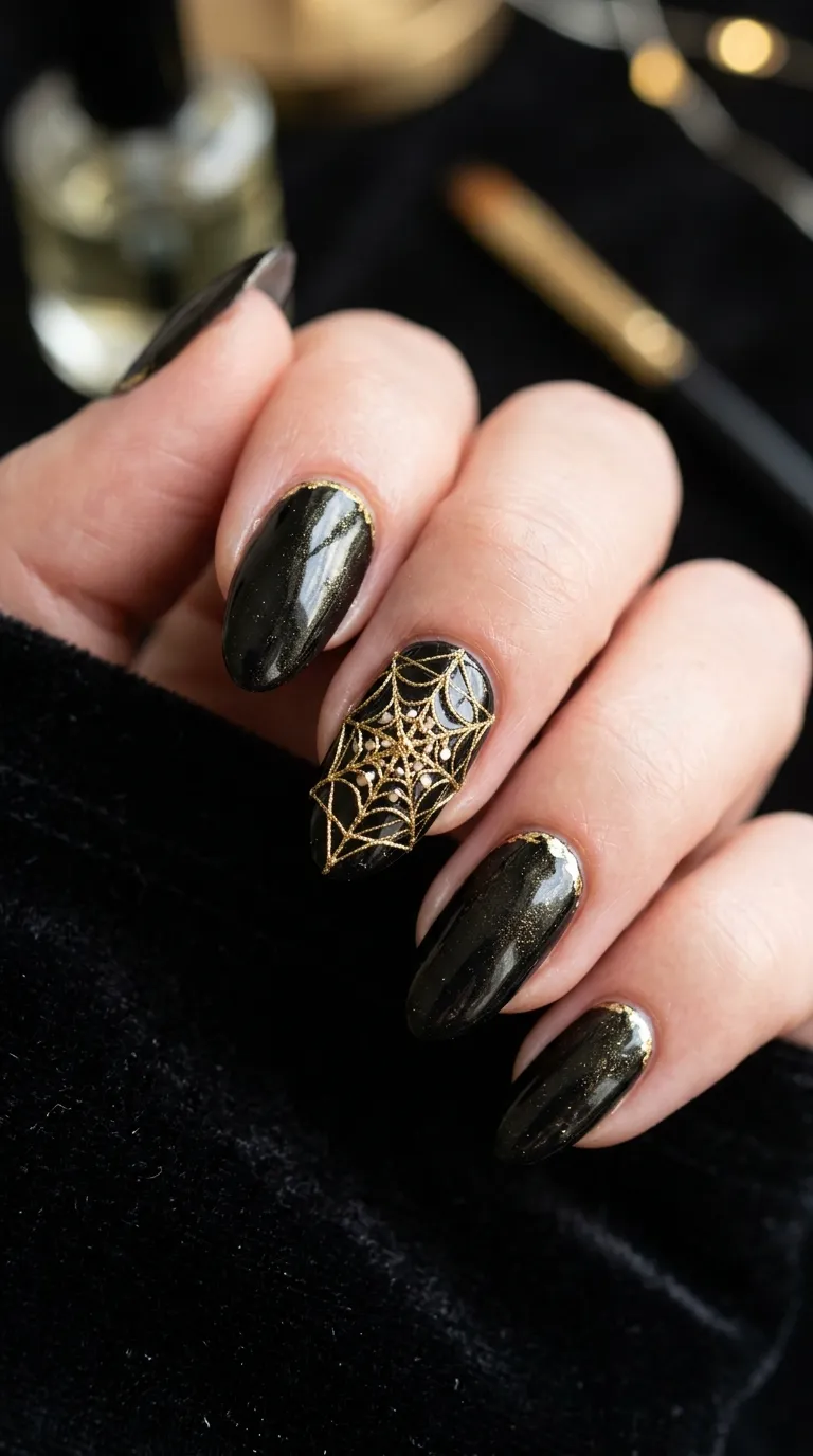 black and gold web accent spider nails