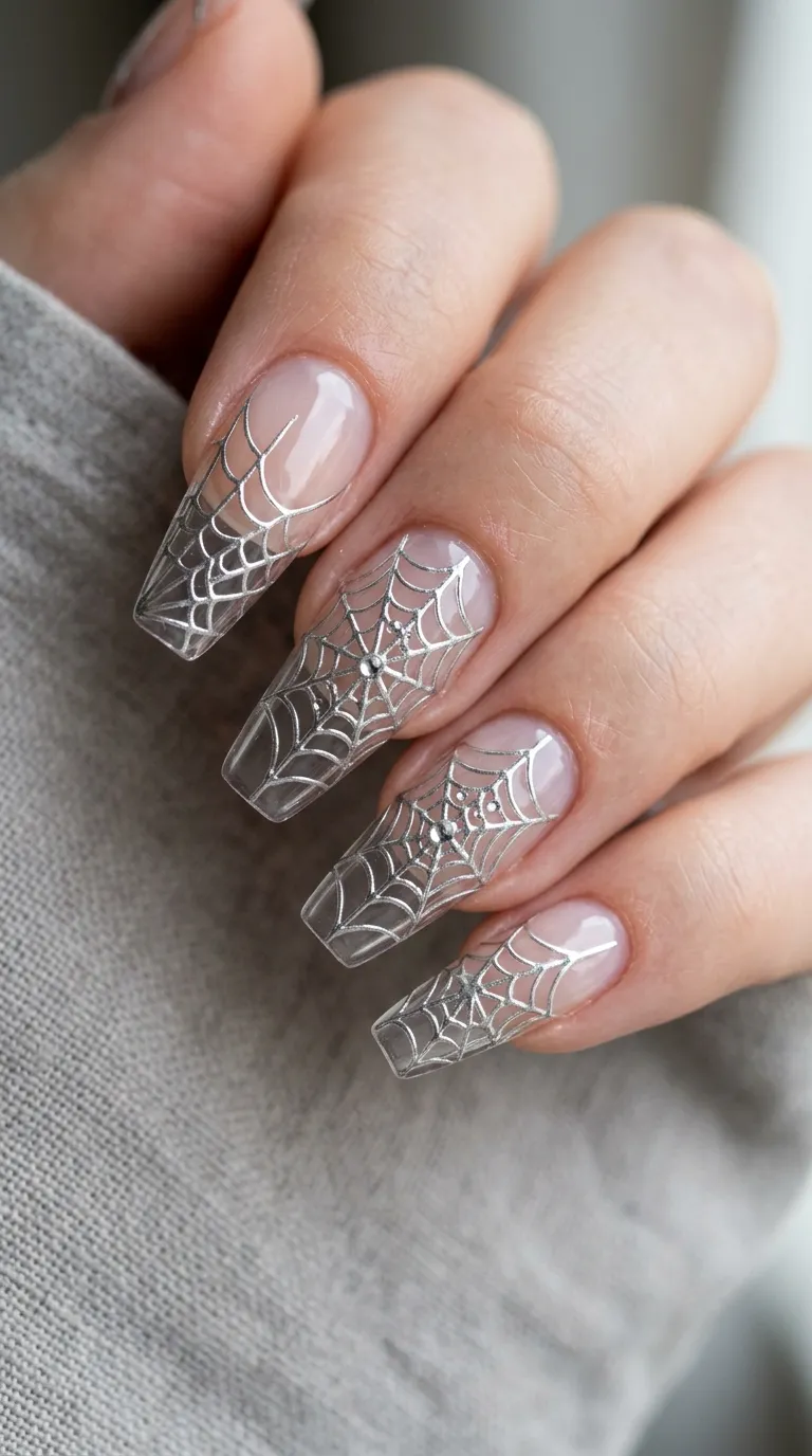 chrome silver spiderweb line art spider nails