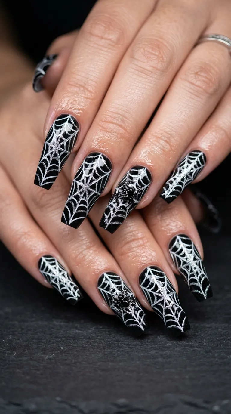 coffin spider nails with full-hand spiderweb wrap design