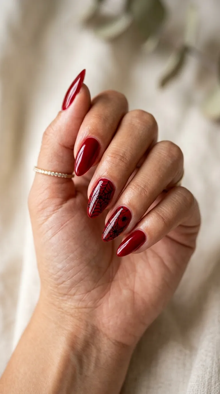 glossy red nails with black fine-line web pattern on accent nails