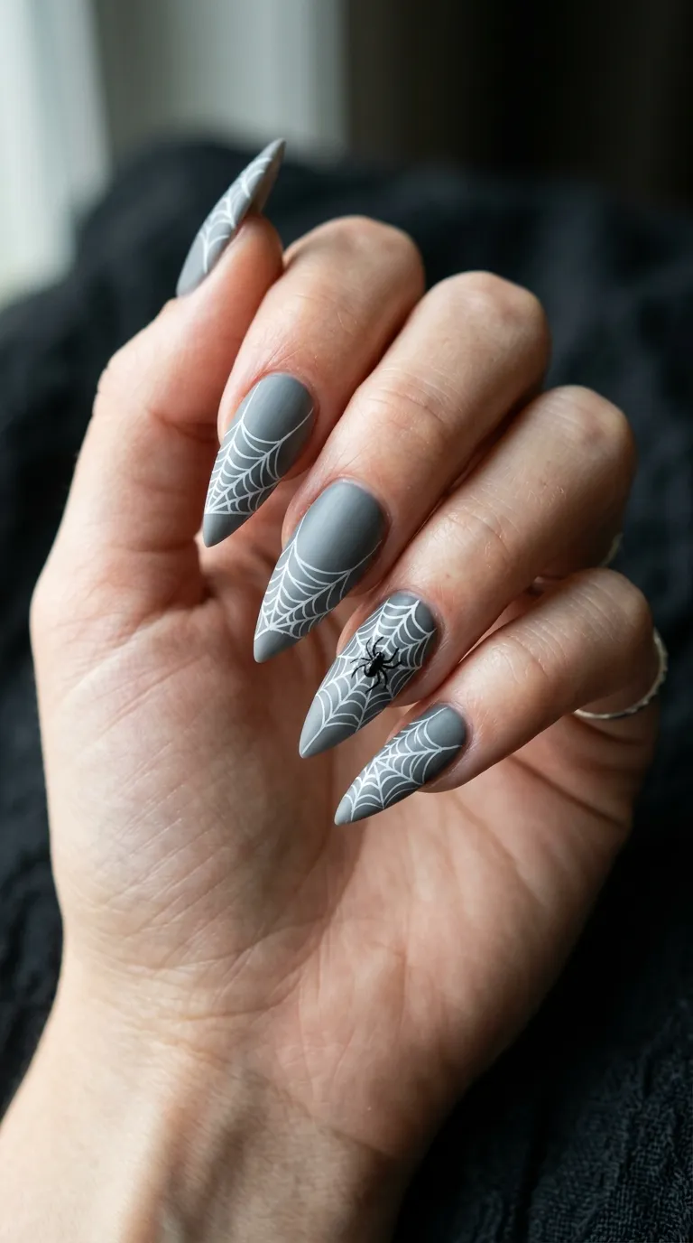nude grey nails with realistic cobweb art and tiny spider accent