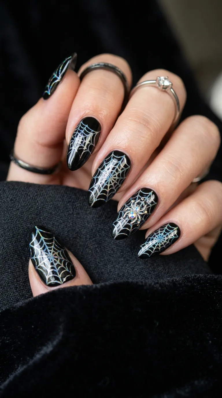 holographic web pattern spider nails on black base