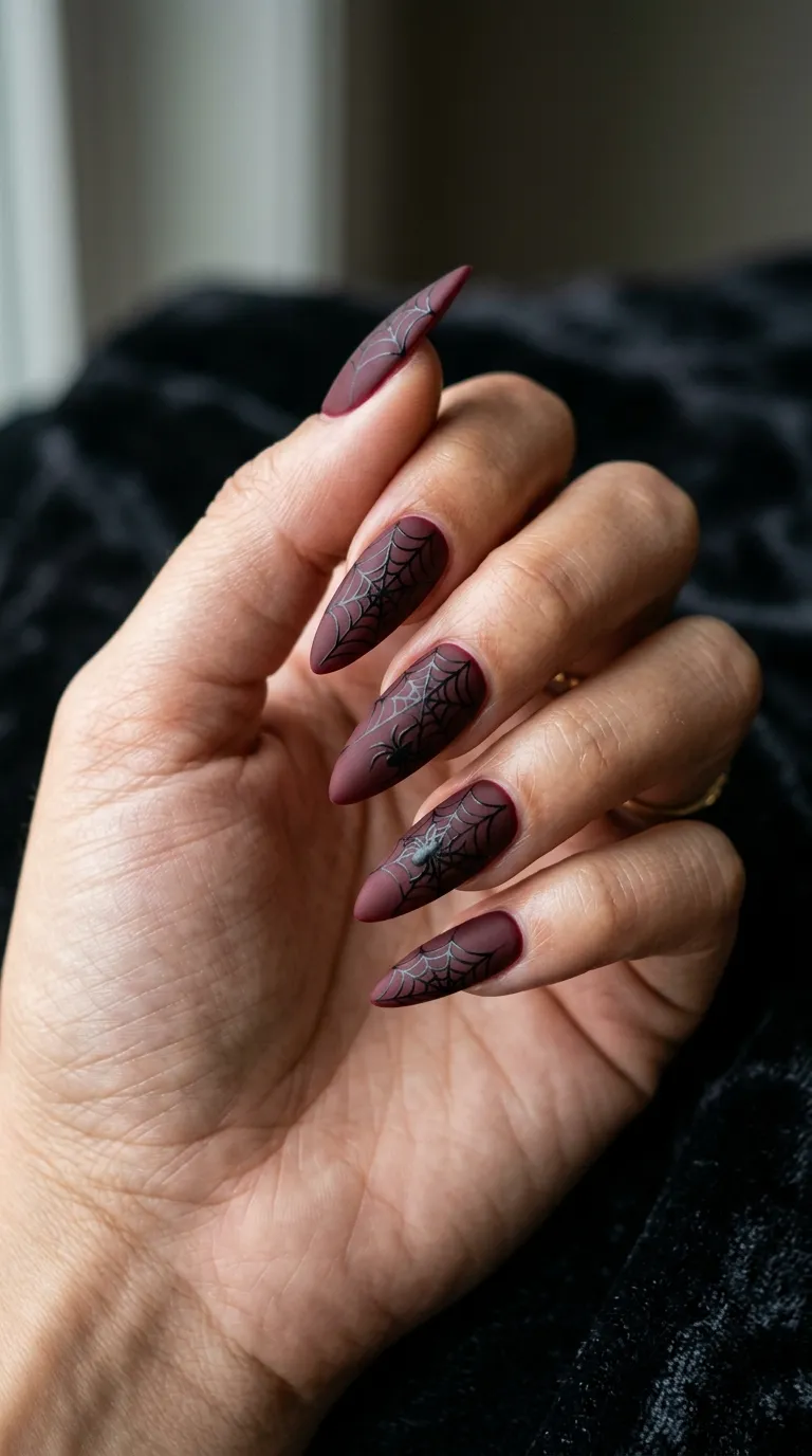 matte deep maroon nails with black web accent art