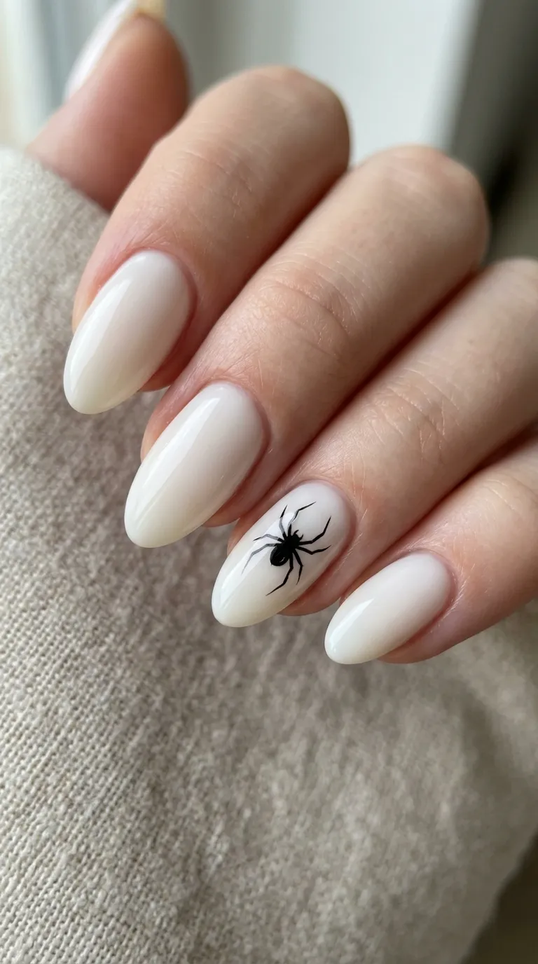 milky white spider nails with realistic spider silhouette accent