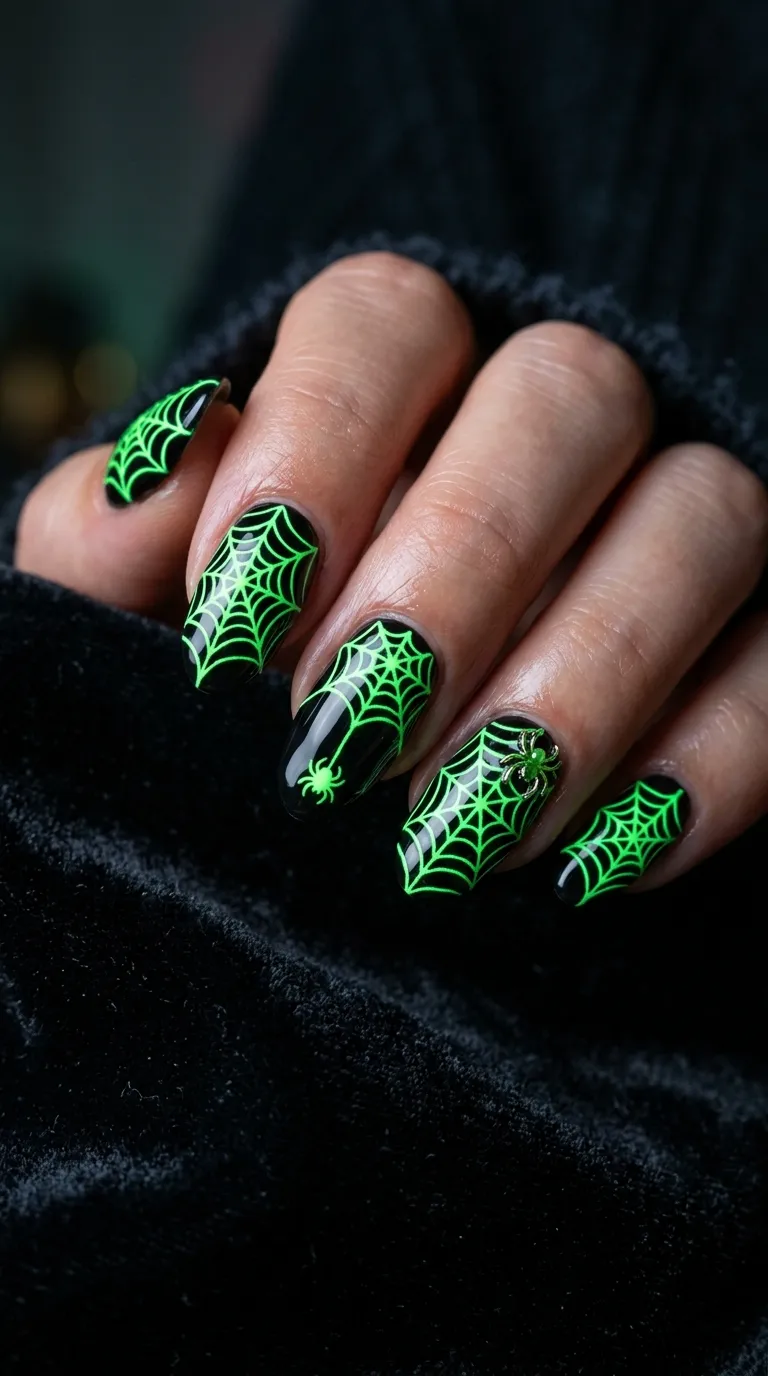 neon green glow-in-the-dark web pattern spider nails