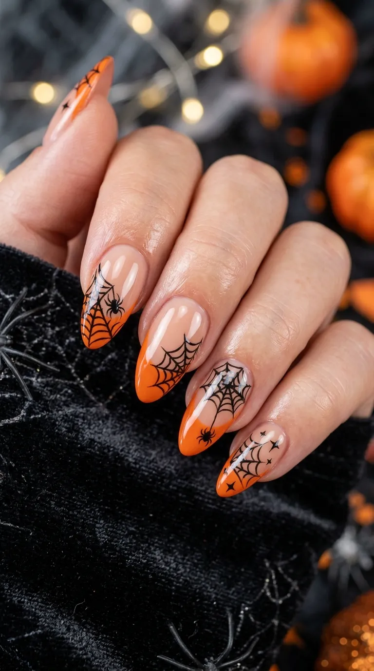 orange and black Halloween web French tip spider nails