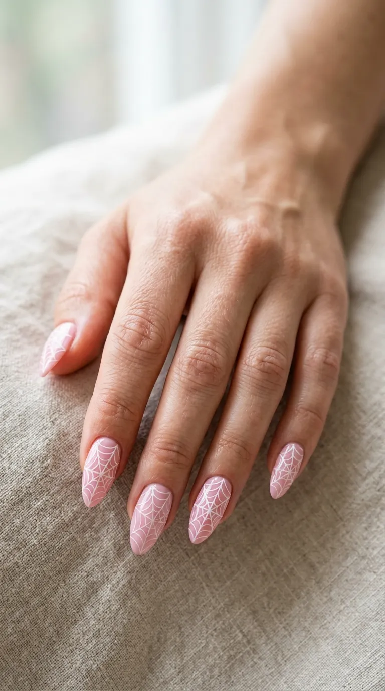 pastel pink nails with white fine-line web accent art