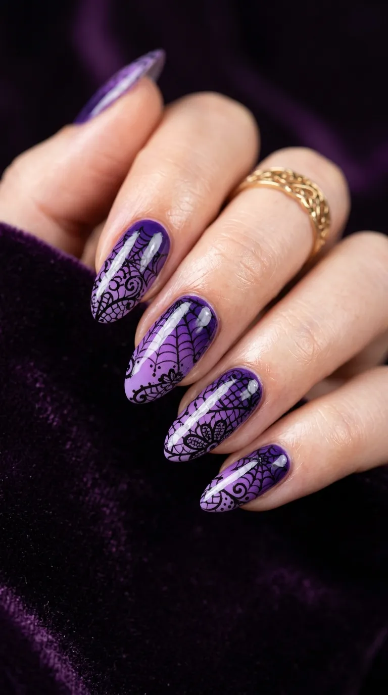 purple ombre spider nails with black lace web overlay