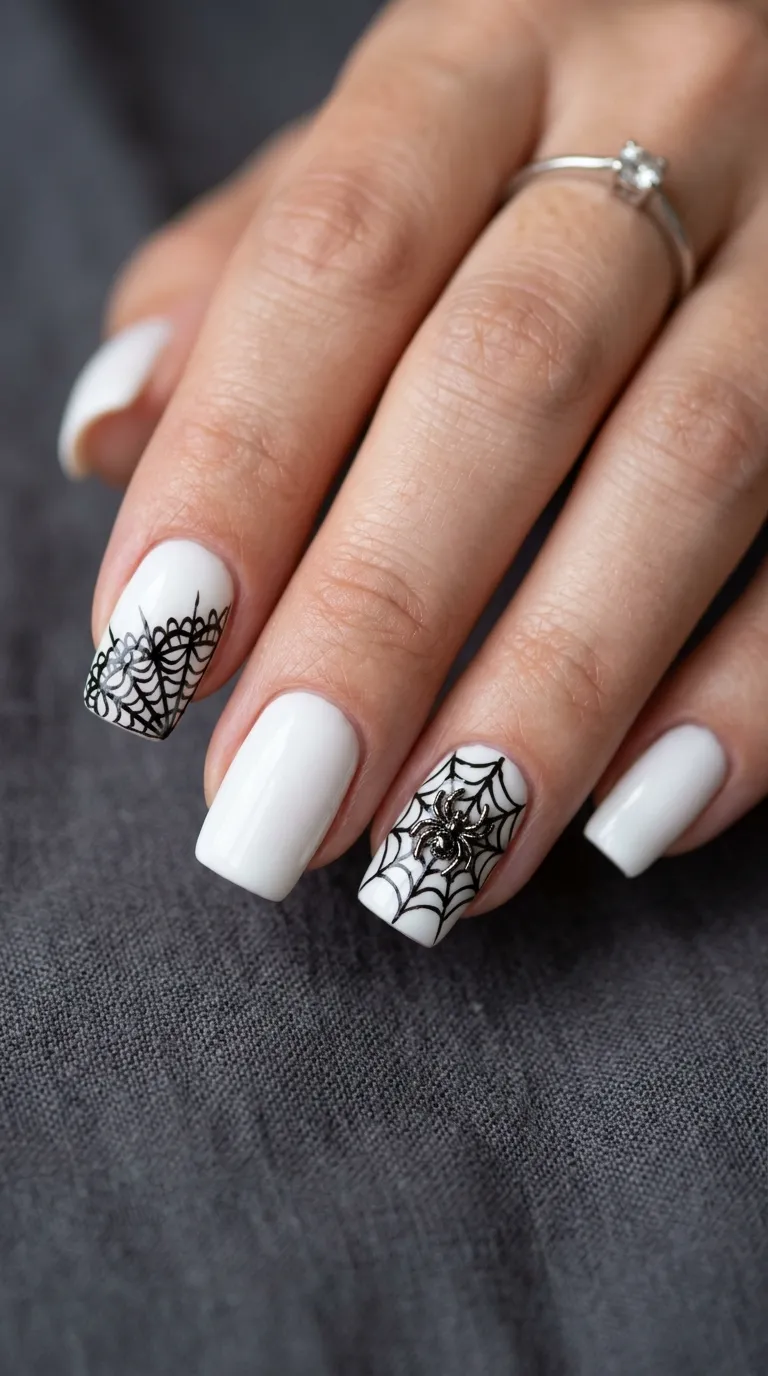 white spider nails with delicate lace web and tiny spider charm